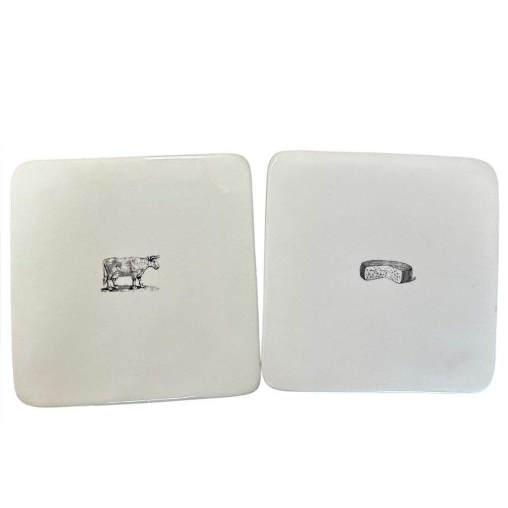 RAE DUNN Farmline Moo Cow + Cheese Plate Set Square Trivet Appetizer Retired‎